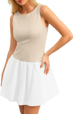 Women's Flowy Mini Tank Dress Sleeveless Boat Neck Solid Slim Fit Puffy Beach Short Summer Dresses