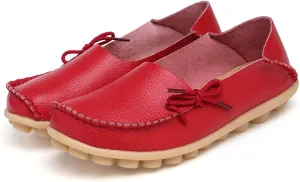 Women's Genuine Leather Lightweight Loafers Comfortable Slip On Tie-Bow Moccasins Wide Width Flats Shoes Breathable Anti Slip Beef Tendon Bottom Walking Boat Shoe