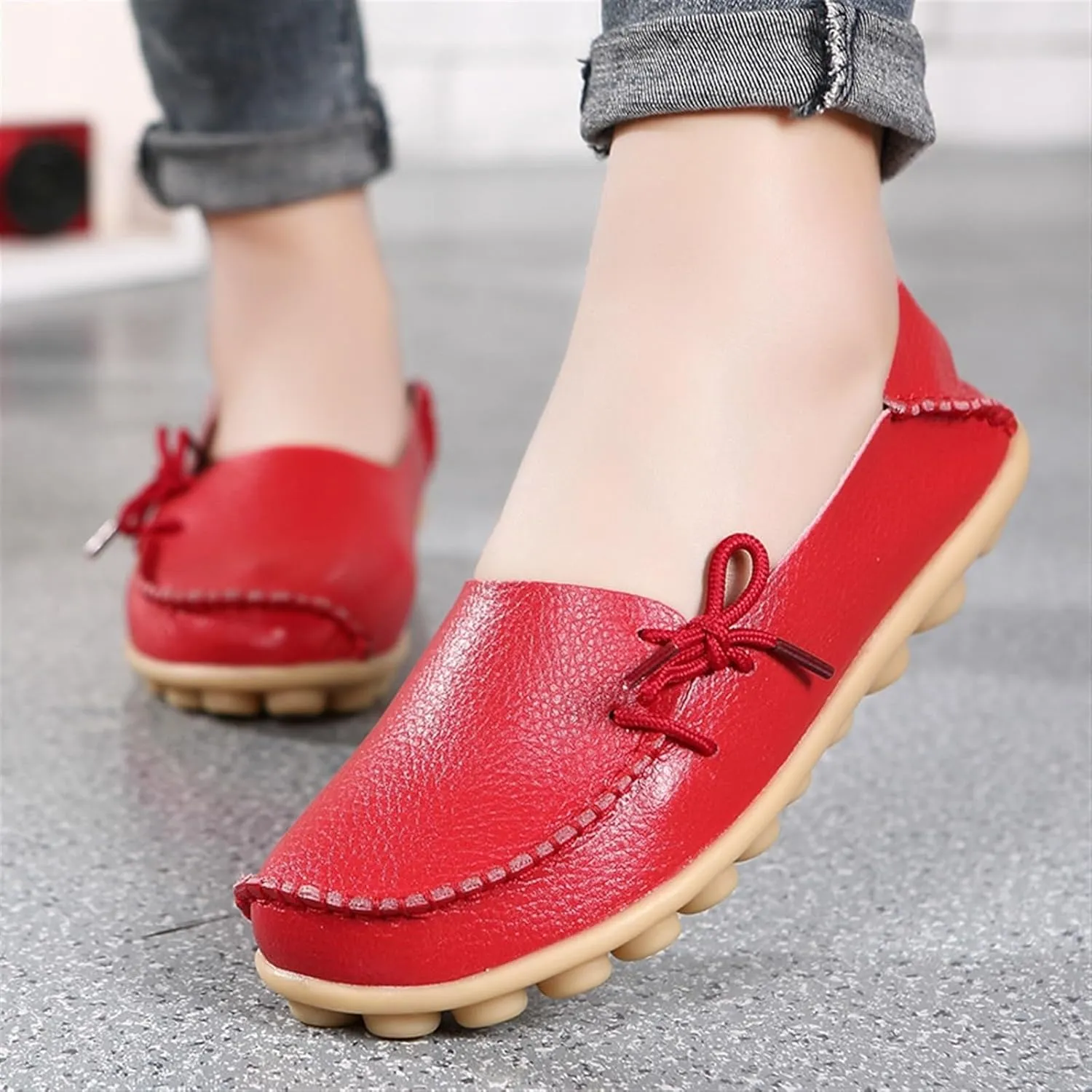 Women's Genuine Leather Lightweight Loafers Comfortable Slip On Tie-Bow Moccasins Wide Width Flats Shoes Breathable Anti Slip Beef Tendon Bottom Walking Boat Shoe