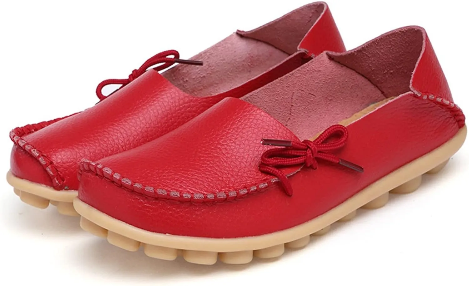 Women's Genuine Leather Lightweight Loafers Comfortable Slip On Tie-Bow Moccasins Wide Width Flats Shoes Breathable Anti Slip Beef Tendon Bottom Walking Boat Shoe