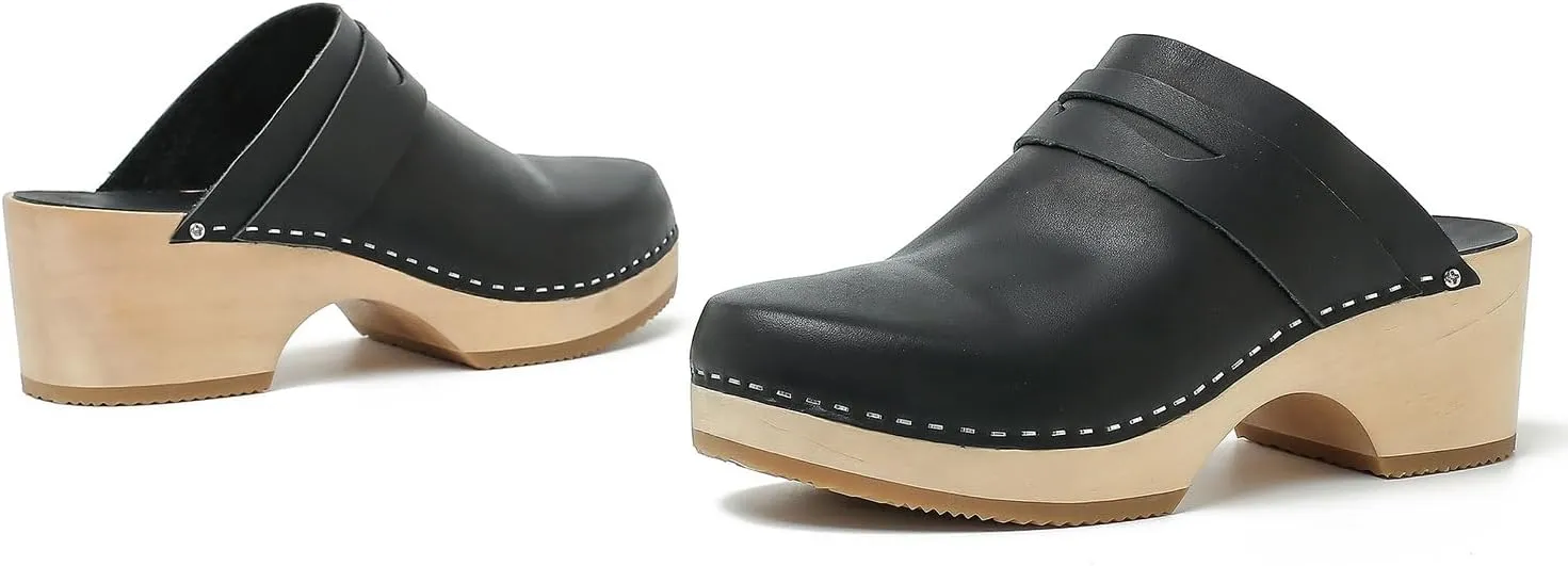 Women's Handmade Wooden Clog Mule 2.3" Open Back Leather Clogs Classic Clogs Mule for Long-Lasting Wear