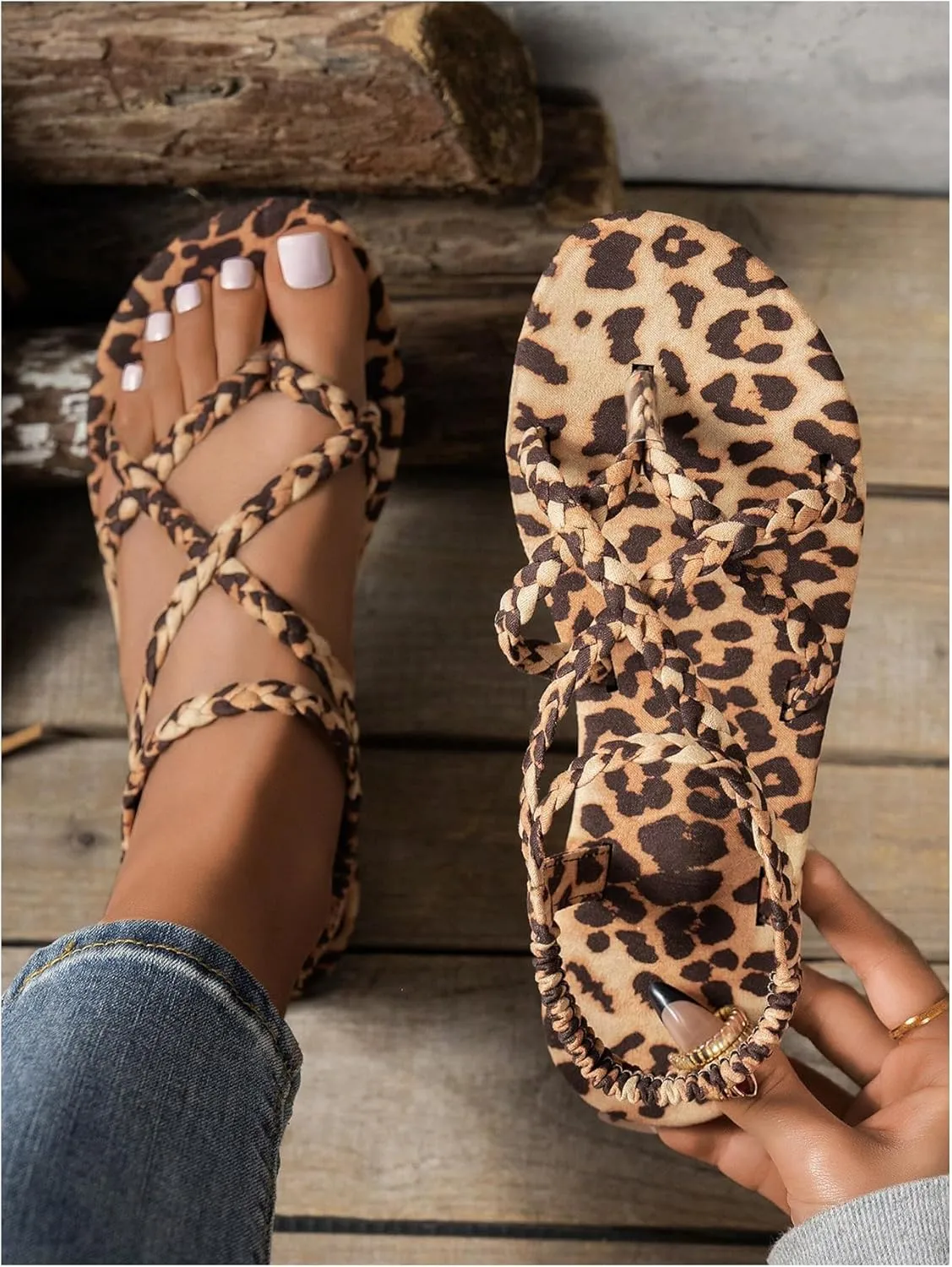 Women's Leopard Print Braided Sandals Criss Cross Ankle Strap Thong Sandals Vintage Summer Flip Flops