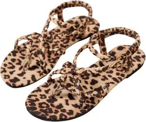 Women's Leopard Print Braided Sandals Criss Cross Ankle Strap Thong Sandals Vintage Summer Flip Flops