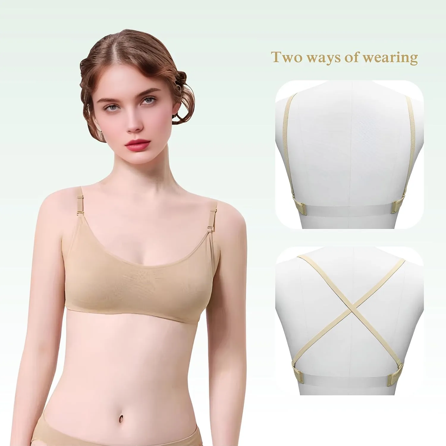 Women's Nude Dance Bra Clear Strap Invisible Backless Ballet Bras with 2 Pairs Adjustable Straps Seamless Underwear