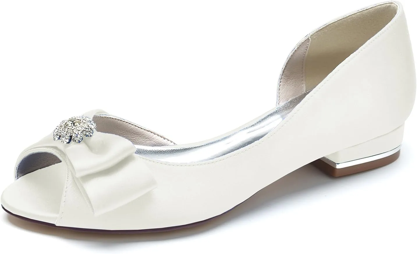 Women's Peep Toe Flat Pumps Satin Rhinestone Wedding Dress Shoes Evening Party Comfort Bridal Flats Slip-on Sandals