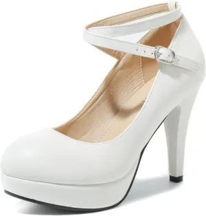 Women's Platform High Heels Closed Toe Pumps Strappy Cross Ankle Strap Shoes