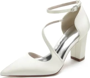 Women's Pointed Toe Ankle Strap Block Chunky Heeled Sandal Comfortable Wedding Dress Pump Shoes
