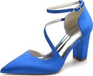Women's Pointed Toe Ankle Strap Block Chunky Heeled Sandal Comfortable Wedding Dress Pump Shoes