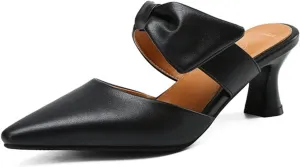 Womens Pointed Toe Bow Mules Mid Heel Slip On Backless Kitten Chunky Heel Comfy Slide Mule Shoes