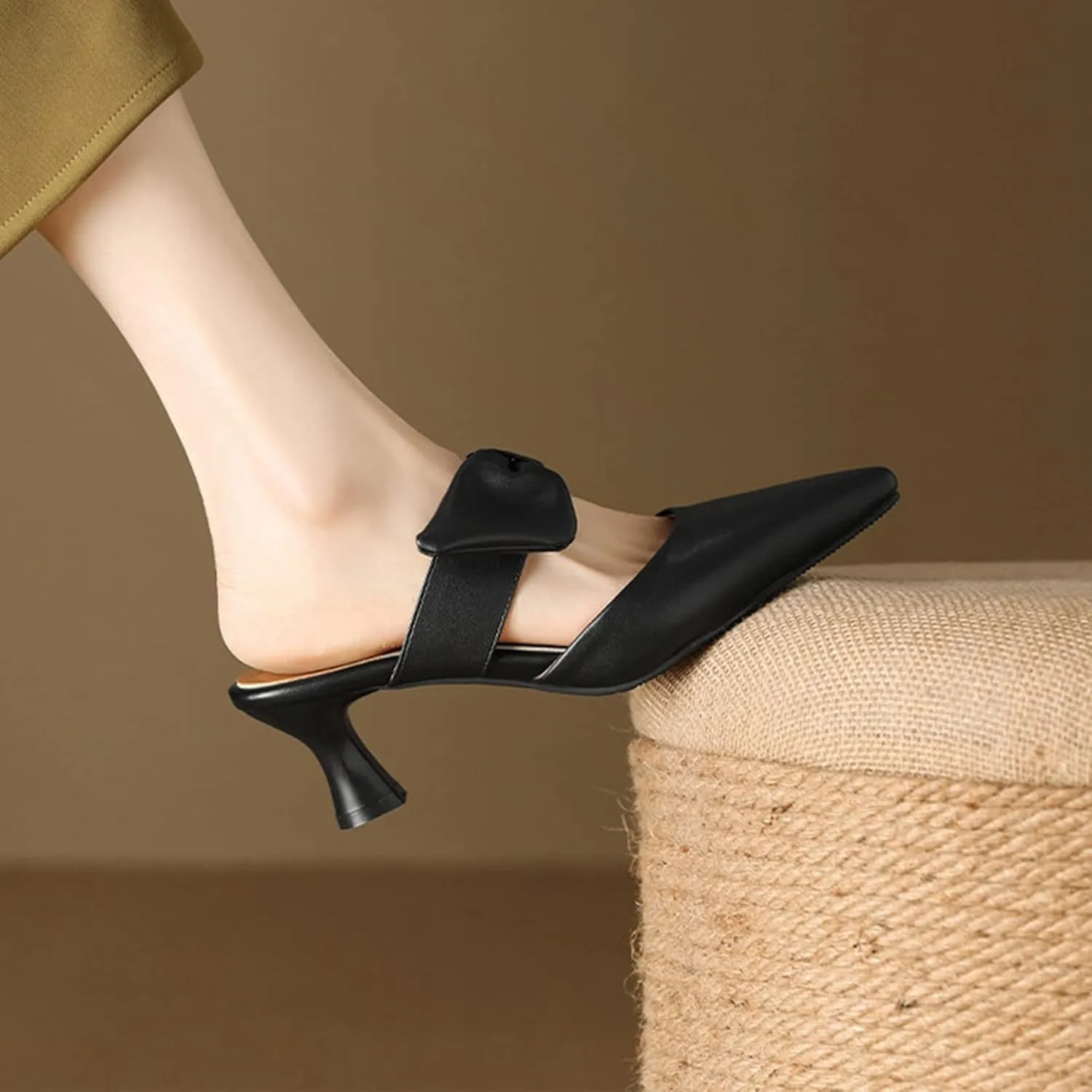 Womens Pointed Toe Bow Mules Mid Heel Slip On Backless Kitten Chunky Heel Comfy Slide Mule Shoes