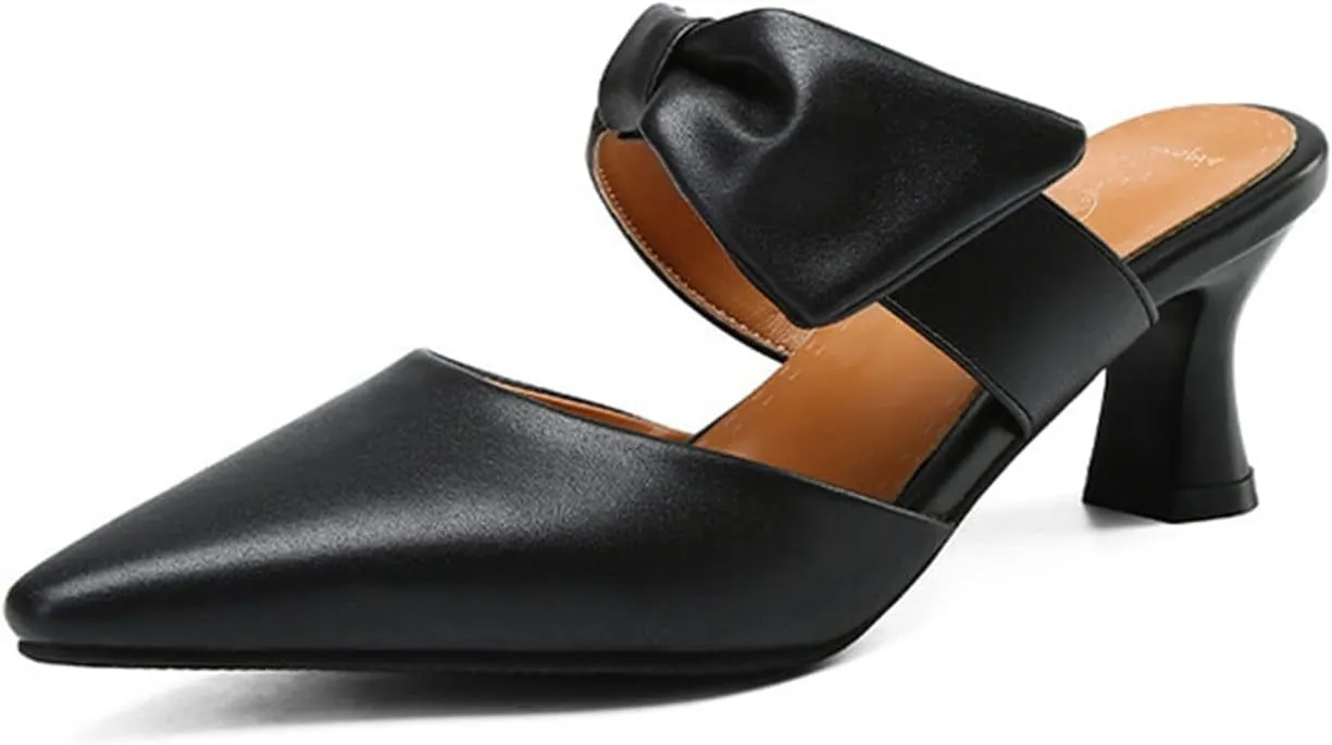 Womens Pointed Toe Bow Mules Mid Heel Slip On Backless Kitten Chunky Heel Comfy Slide Mule Shoes