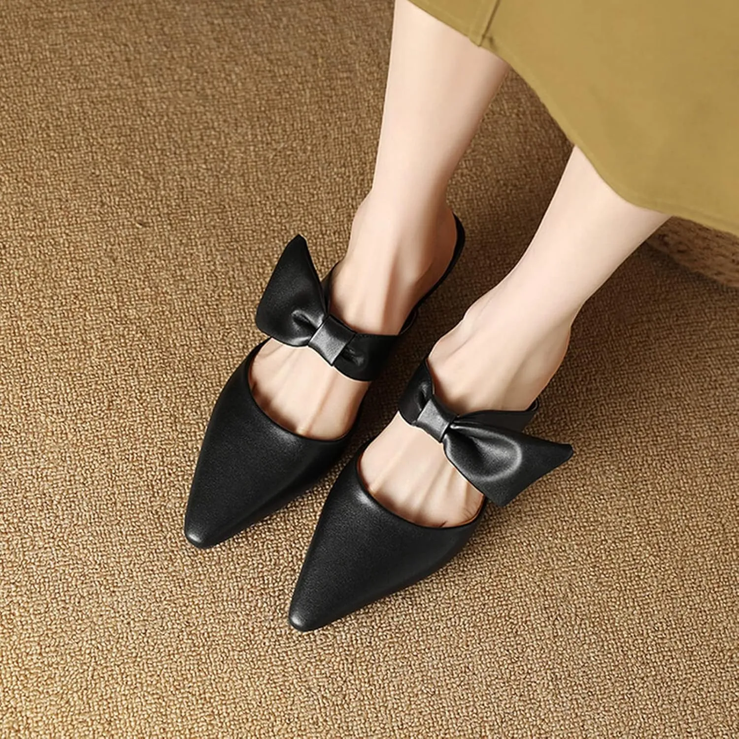 Womens Pointed Toe Bow Mules Mid Heel Slip On Backless Kitten Chunky Heel Comfy Slide Mule Shoes