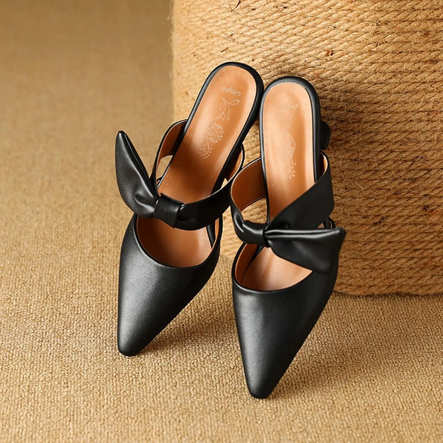 Womens Pointed Toe Bow Mules Mid Heel Slip On Backless Kitten Chunky Heel Comfy Slide Mule Shoes