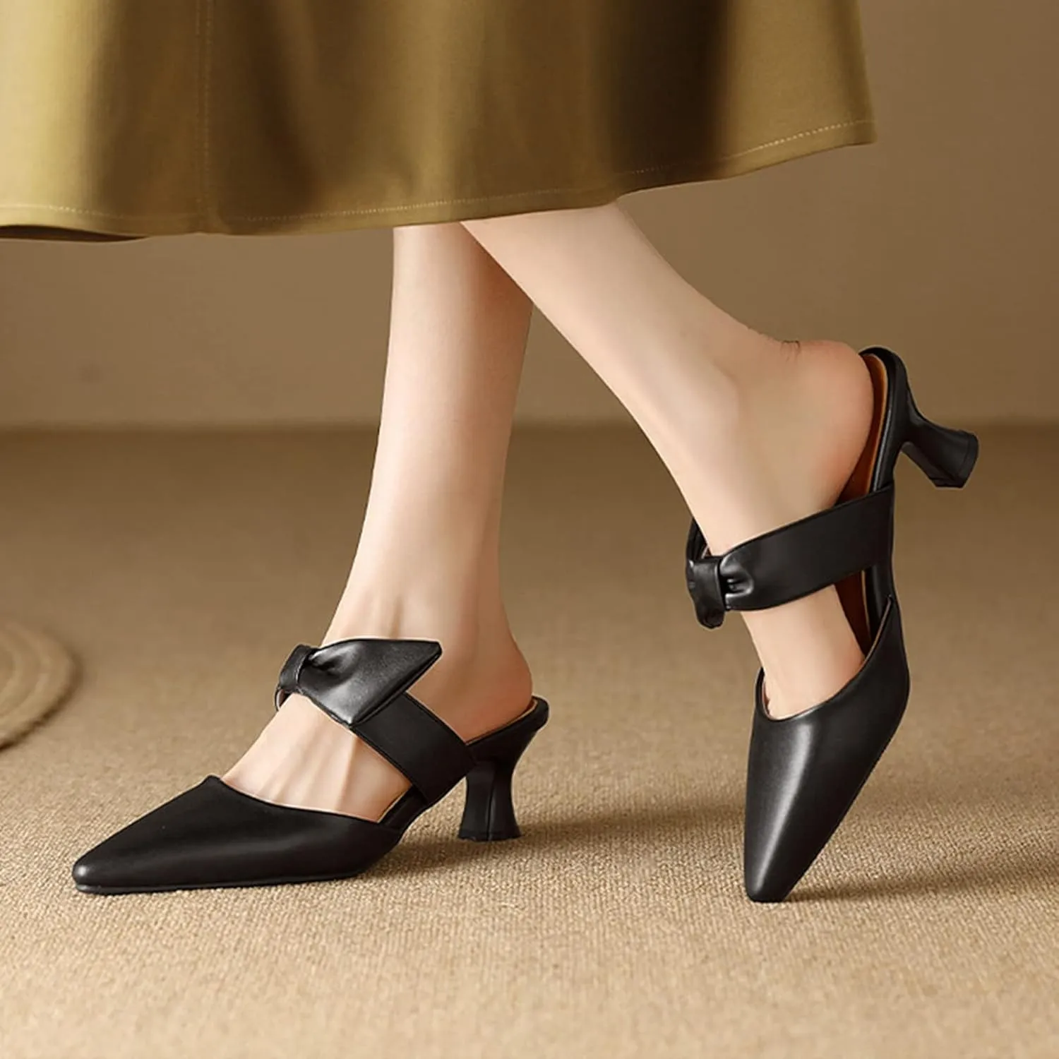 Womens Pointed Toe Bow Mules Mid Heel Slip On Backless Kitten Chunky Heel Comfy Slide Mule Shoes