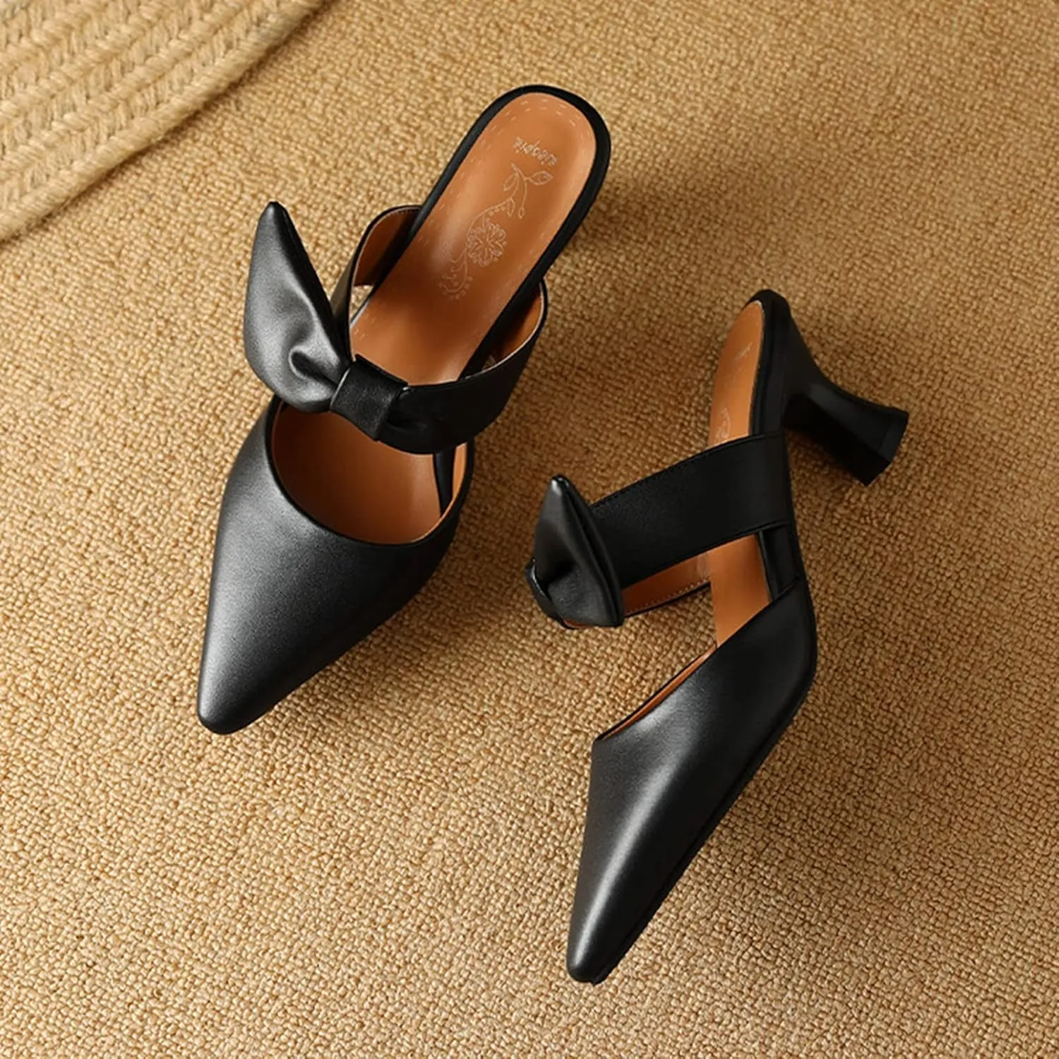 Womens Pointed Toe Bow Mules Mid Heel Slip On Backless Kitten Chunky Heel Comfy Slide Mule Shoes