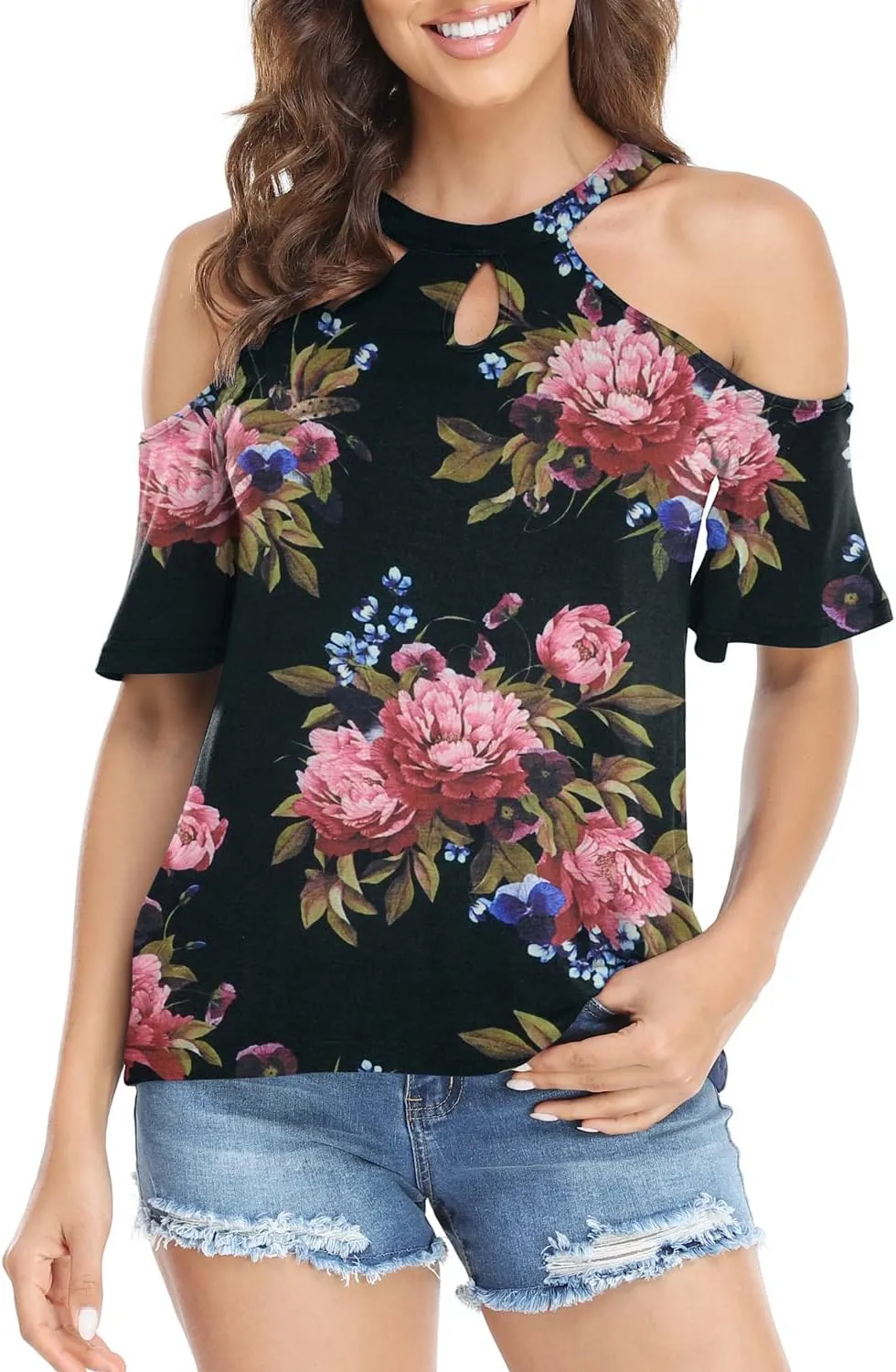 Womens Summer Halter Cold Shoulder Tops Sexy Casual Short Sleeve Keyhole T Shirts Blouse