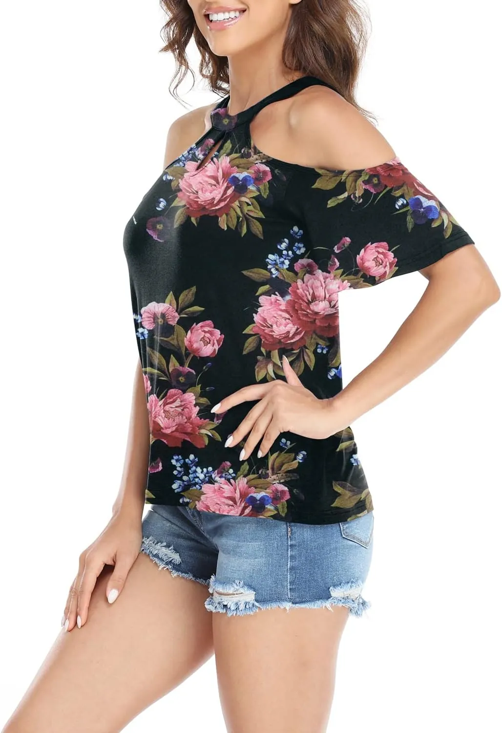 Womens Summer Halter Cold Shoulder Tops Sexy Casual Short Sleeve Keyhole T Shirts Blouse