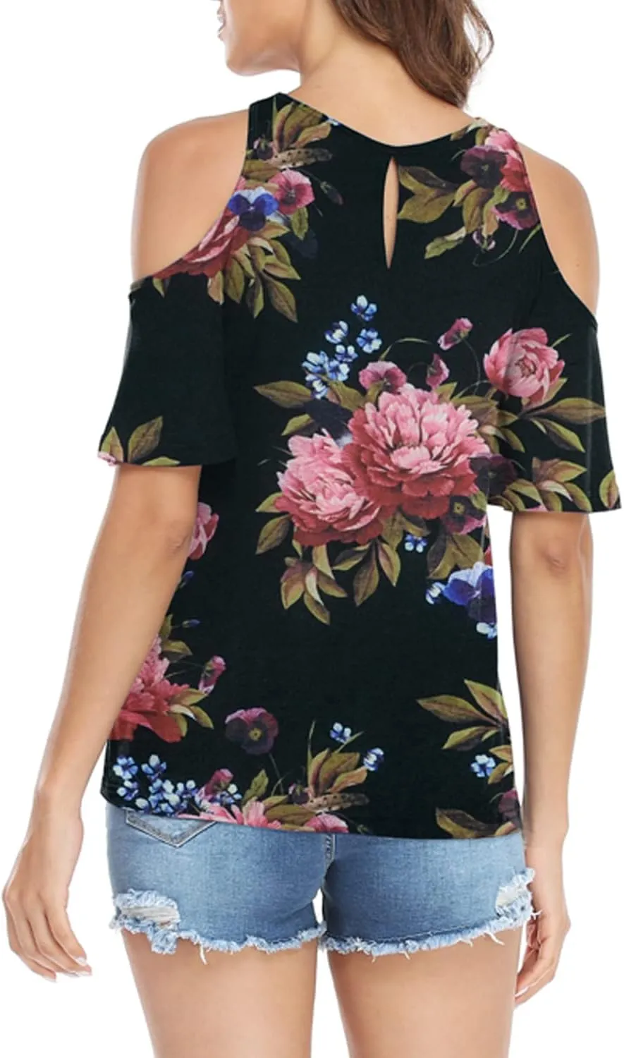 Womens Summer Halter Cold Shoulder Tops Sexy Casual Short Sleeve Keyhole T Shirts Blouse