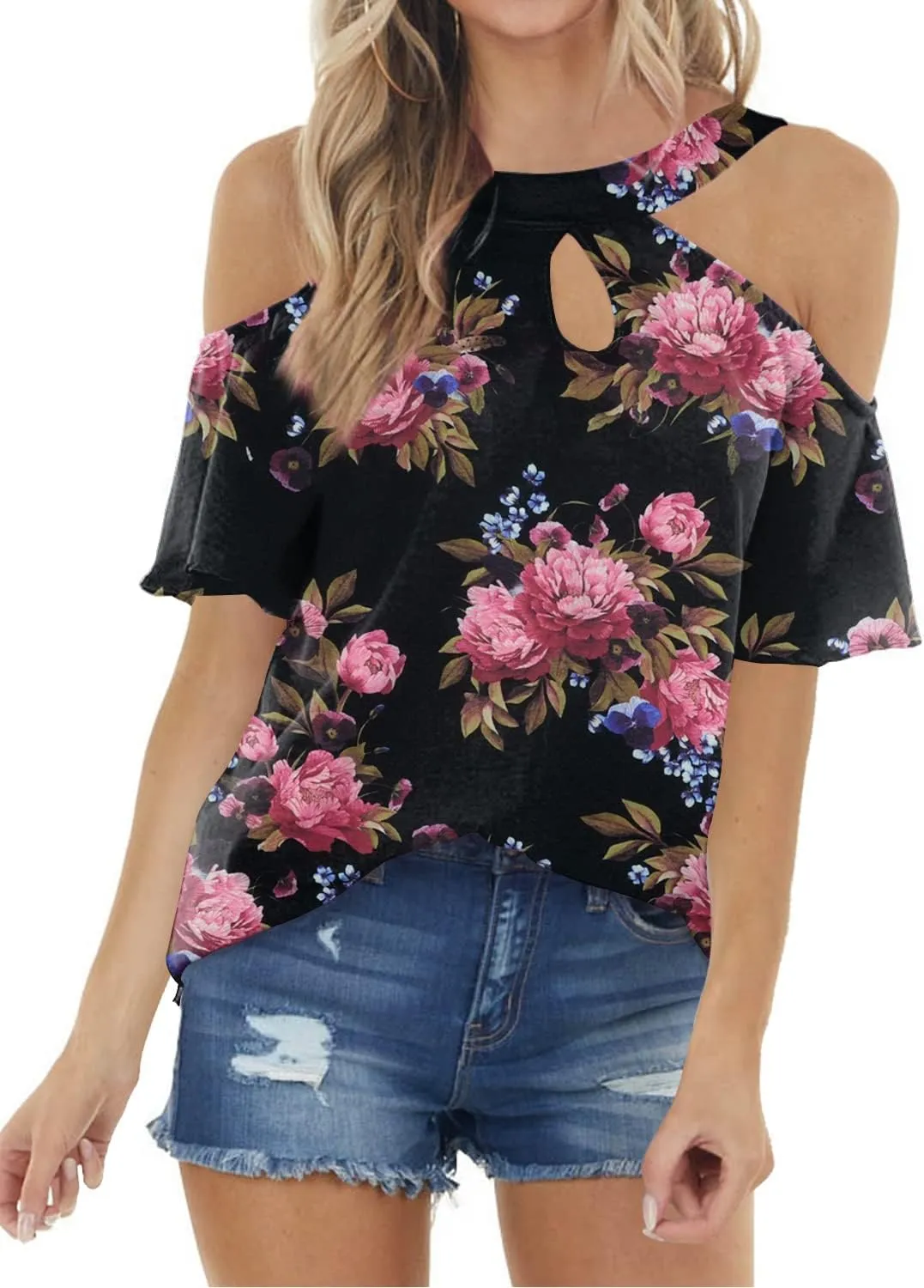 Womens Summer Halter Cold Shoulder Tops Sexy Casual Short Sleeve Keyhole T Shirts Blouse