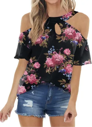 Womens Summer Halter Cold Shoulder Tops Sexy Casual Short Sleeve Keyhole T Shirts Blouse