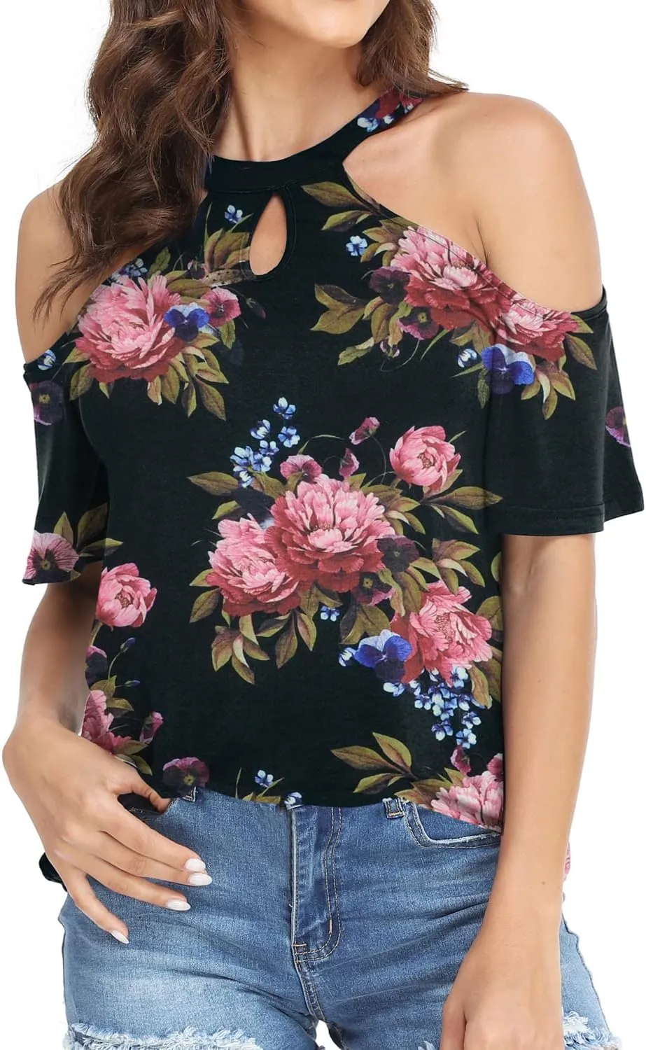 Womens Summer Halter Cold Shoulder Tops Sexy Casual Short Sleeve Keyhole T Shirts Blouse