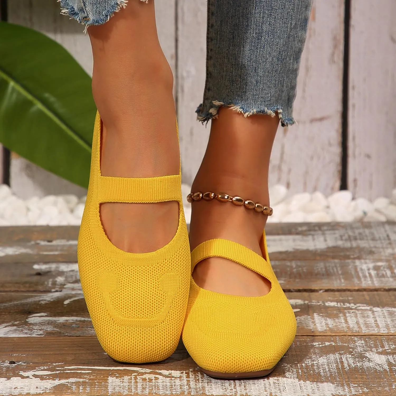 Women's Wide Toe Box Ballet Flats Slip-On Shoes Mary Jane Style with Knit Straps, Breathable & Machine Washable for Casual Office & Dressy Occasions