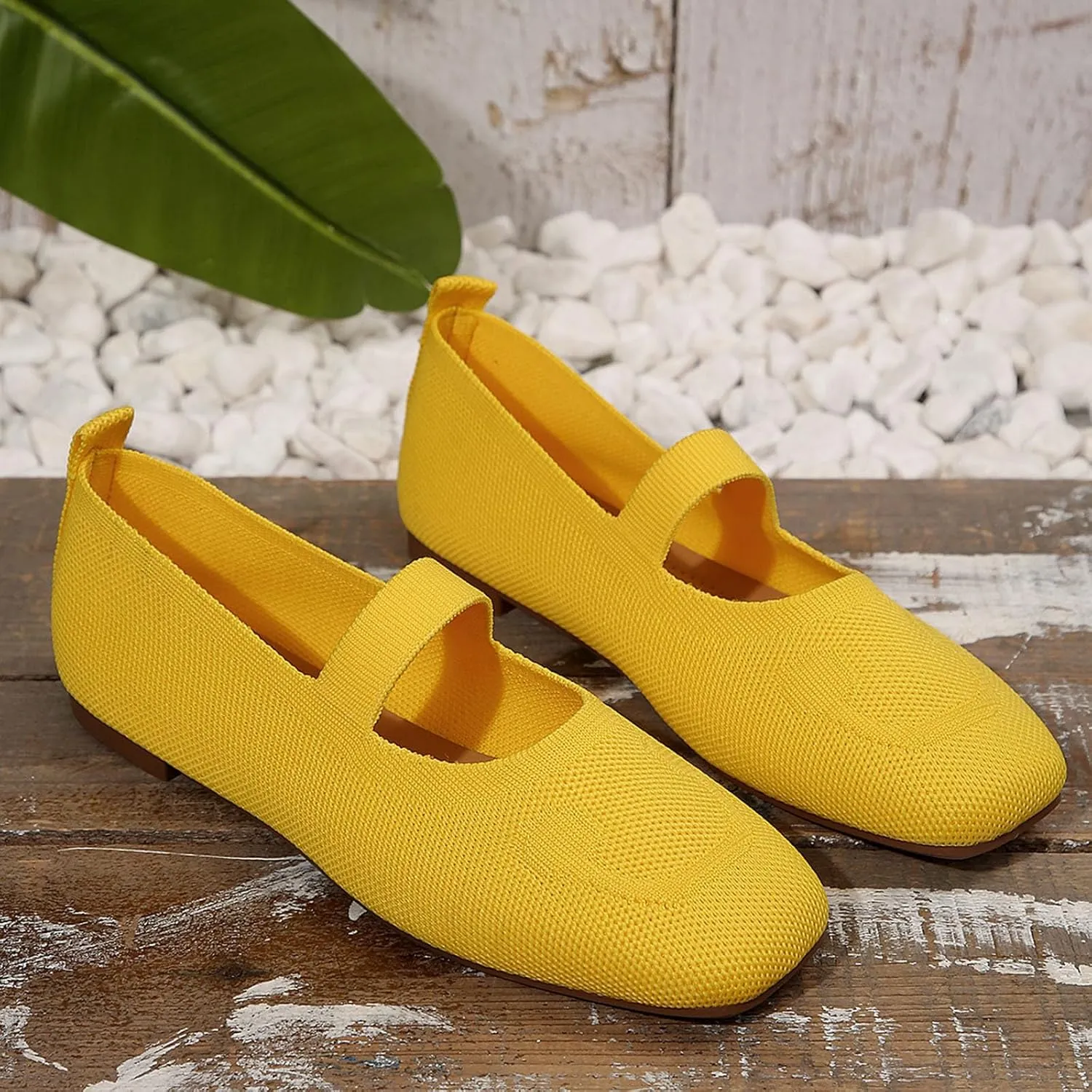 Women's Wide Toe Box Ballet Flats Slip-On Shoes Mary Jane Style with Knit Straps, Breathable & Machine Washable for Casual Office & Dressy Occasions