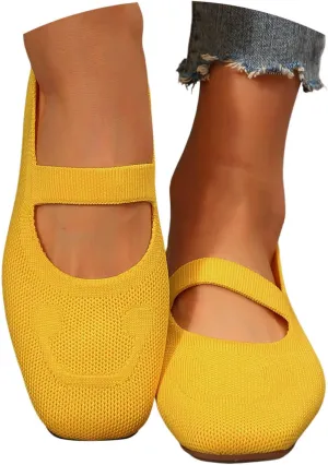 Women's Wide Toe Box Ballet Flats Slip-On Shoes Mary Jane Style with Knit Straps, Breathable & Machine Washable for Casual Office & Dressy Occasions