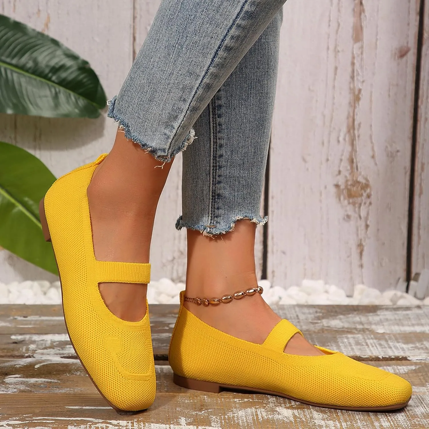 Women's Wide Toe Box Ballet Flats Slip-On Shoes Mary Jane Style with Knit Straps, Breathable & Machine Washable for Casual Office & Dressy Occasions
