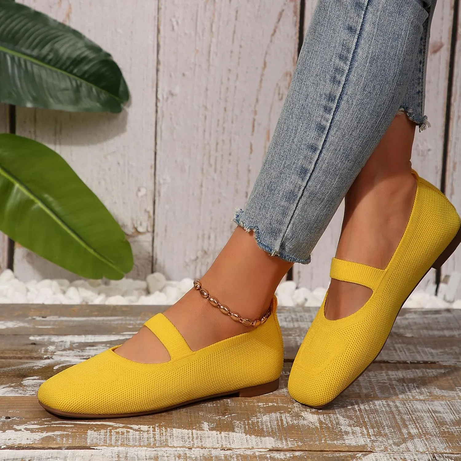 Women's Wide Toe Box Ballet Flats Slip-On Shoes Mary Jane Style with Knit Straps, Breathable & Machine Washable for Casual Office & Dressy Occasions