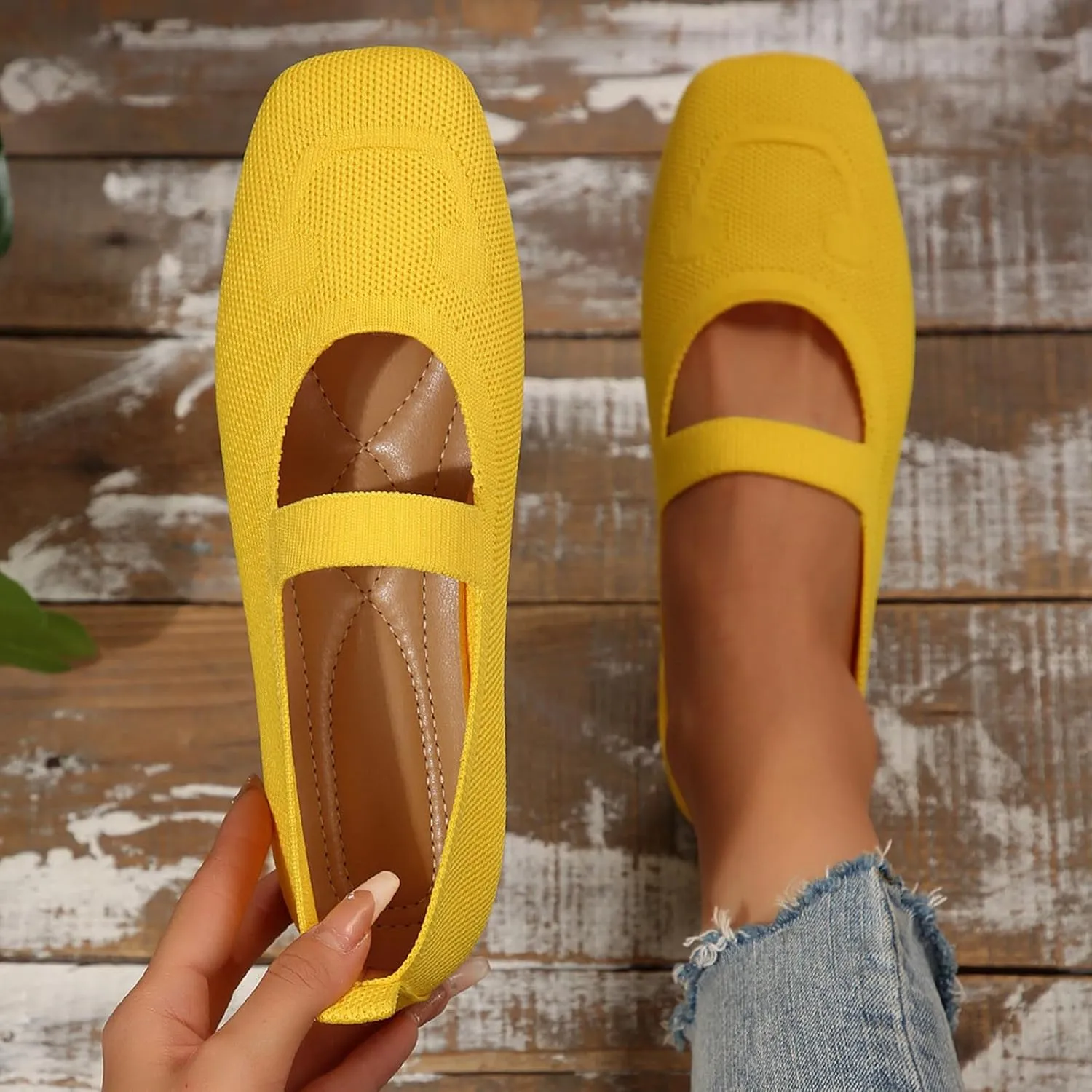 Women's Wide Toe Box Ballet Flats Slip-On Shoes Mary Jane Style with Knit Straps, Breathable & Machine Washable for Casual Office & Dressy Occasions