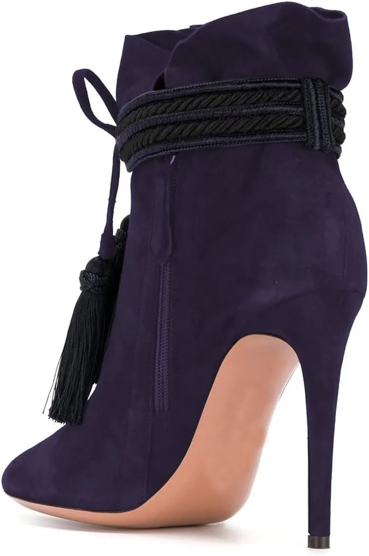 XYD Women Boots Comfy Lace Up Tassels Zipper High Stiletto Heels Almond Toe Pull On Fancy Party Shoes