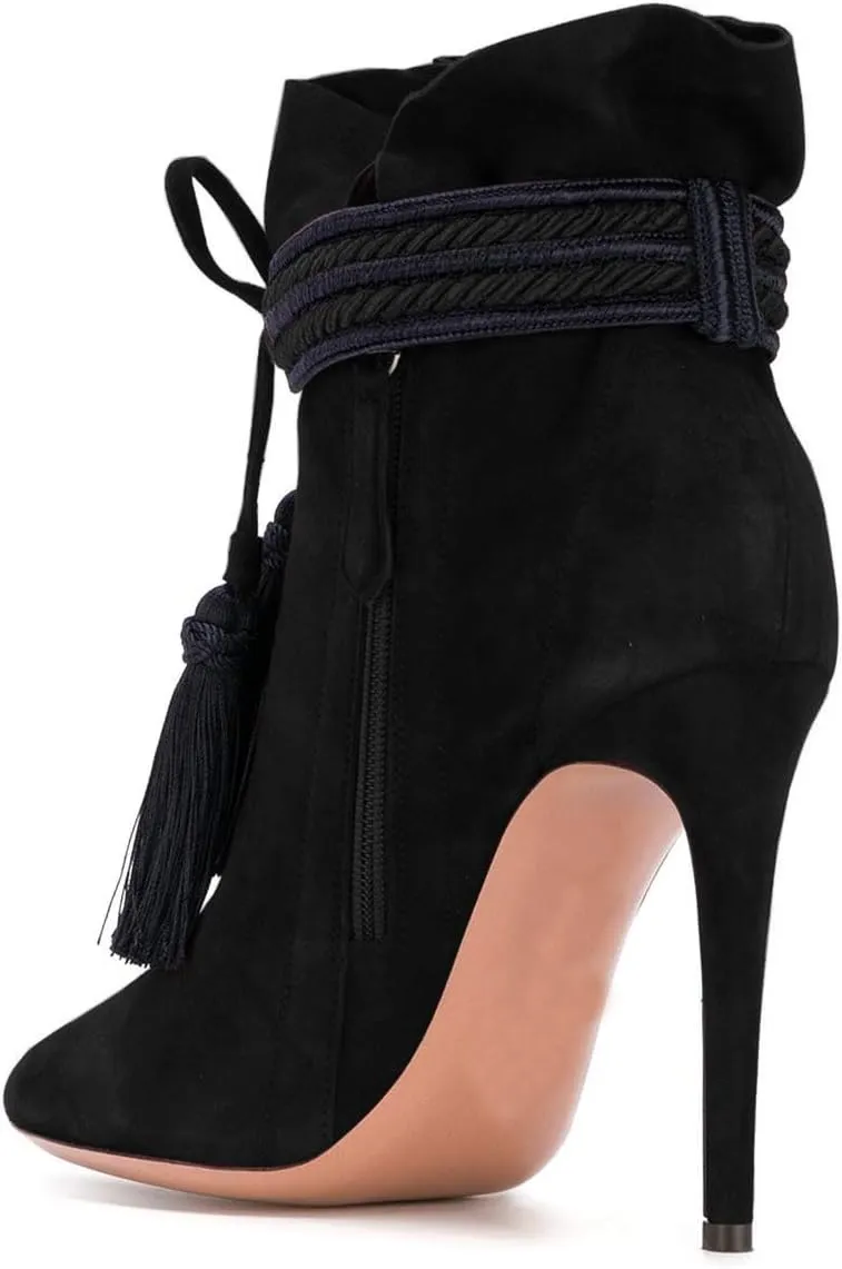 XYD Women Boots Comfy Lace Up Tassels Zipper High Stiletto Heels Almond Toe Pull On Fancy Party Shoes