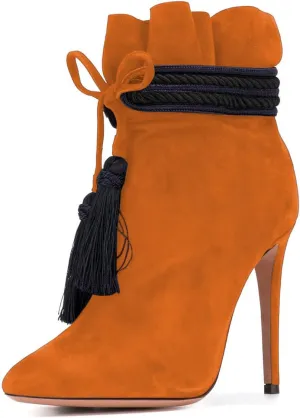 XYD Women Boots Comfy Lace Up Tassels Zipper High Stiletto Heels Almond Toe Pull On Fancy Party Shoes
