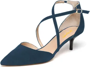 XYD Women D'Orsay Comfy Kitten Mid Heels Closed Pointed Toe Classic Trendy Crossover Strap Buckle Up Party Pumps Shoes