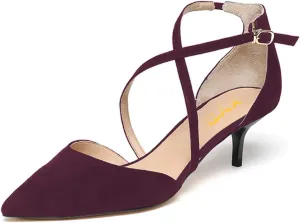 XYD Women D'Orsay Comfy Kitten Mid Heels Closed Pointed Toe Classic Trendy Crossover Strap Buckle Up Party Pumps Shoes