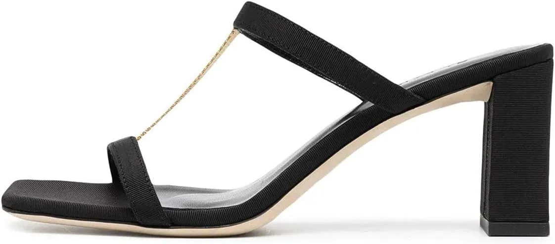 YDN Women Comfort Block High Chunky Heel T-Strap Slide Mule Sandals Fashion Open Square Toe Slip On Slipper Summer Dressy Shoes