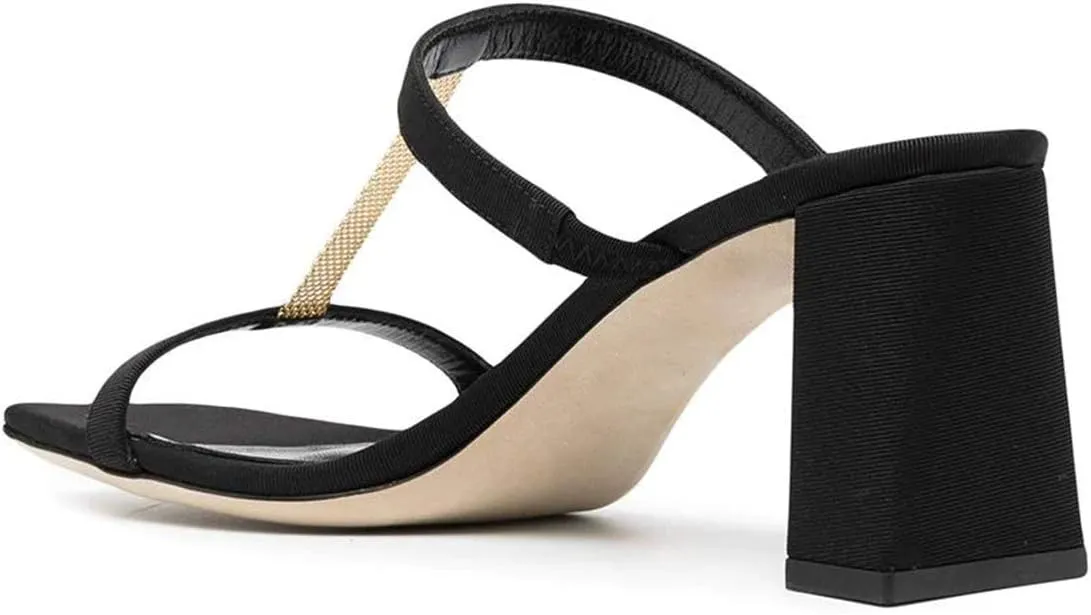 YDN Women Comfort Block High Chunky Heel T-Strap Slide Mule Sandals Fashion Open Square Toe Slip On Slipper Summer Dressy Shoes
