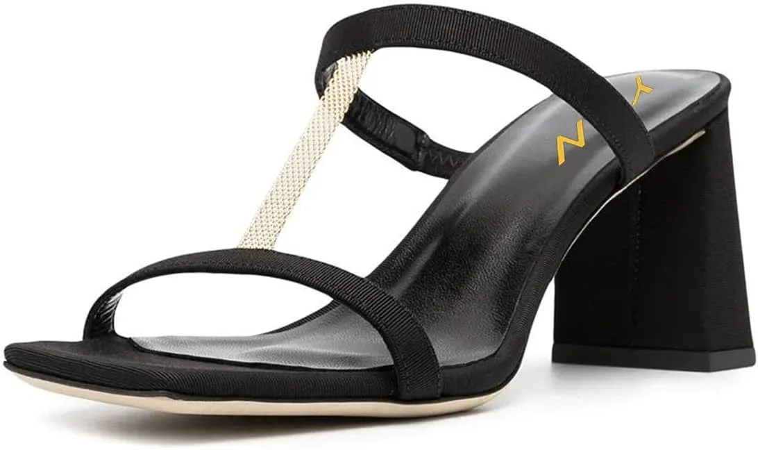 YDN Women Comfort Block High Chunky Heel T-Strap Slide Mule Sandals Fashion Open Square Toe Slip On Slipper Summer Dressy Shoes