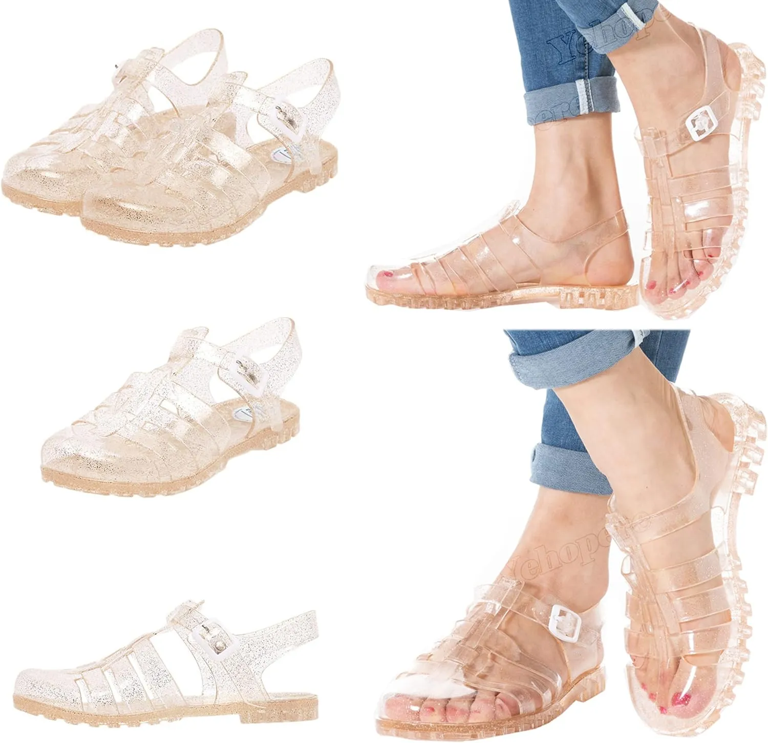 Yehopere Women's Jelly Sandals T-Strap Slingback Bling Beach 80s 90s Retro Flat Shoes