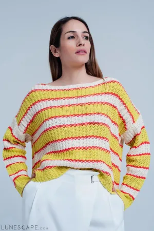 Yellow Striped Rib Stitch Knitted Sweater