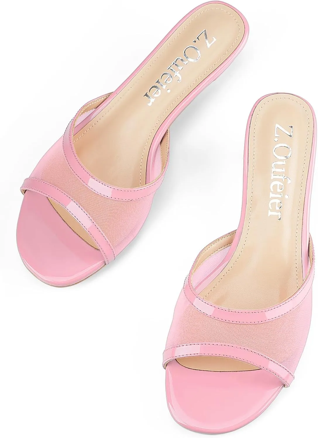 Z.Oufeier Women's Mesh Low Kitten Heeled Slide Sandals Round Open Toe Slip On Mules For Party Dress Wedding