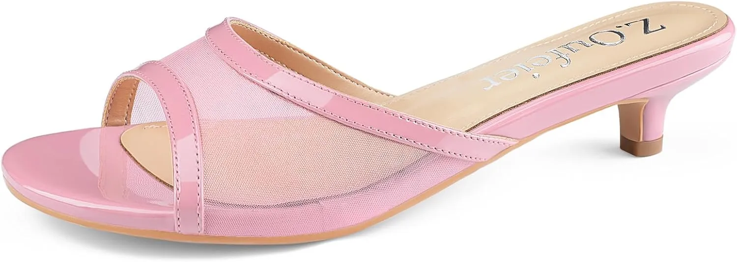 Z.Oufeier Women's Mesh Low Kitten Heeled Slide Sandals Round Open Toe Slip On Mules For Party Dress Wedding