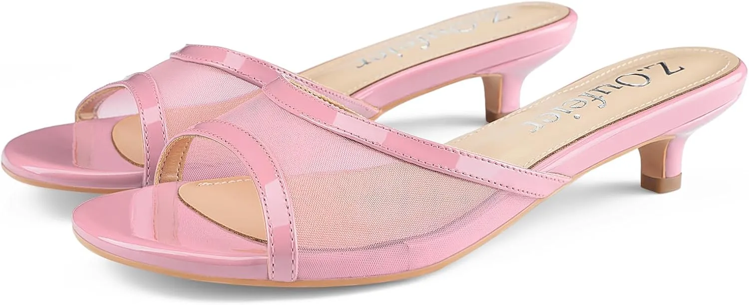 Z.Oufeier Women's Mesh Low Kitten Heeled Slide Sandals Round Open Toe Slip On Mules For Party Dress Wedding