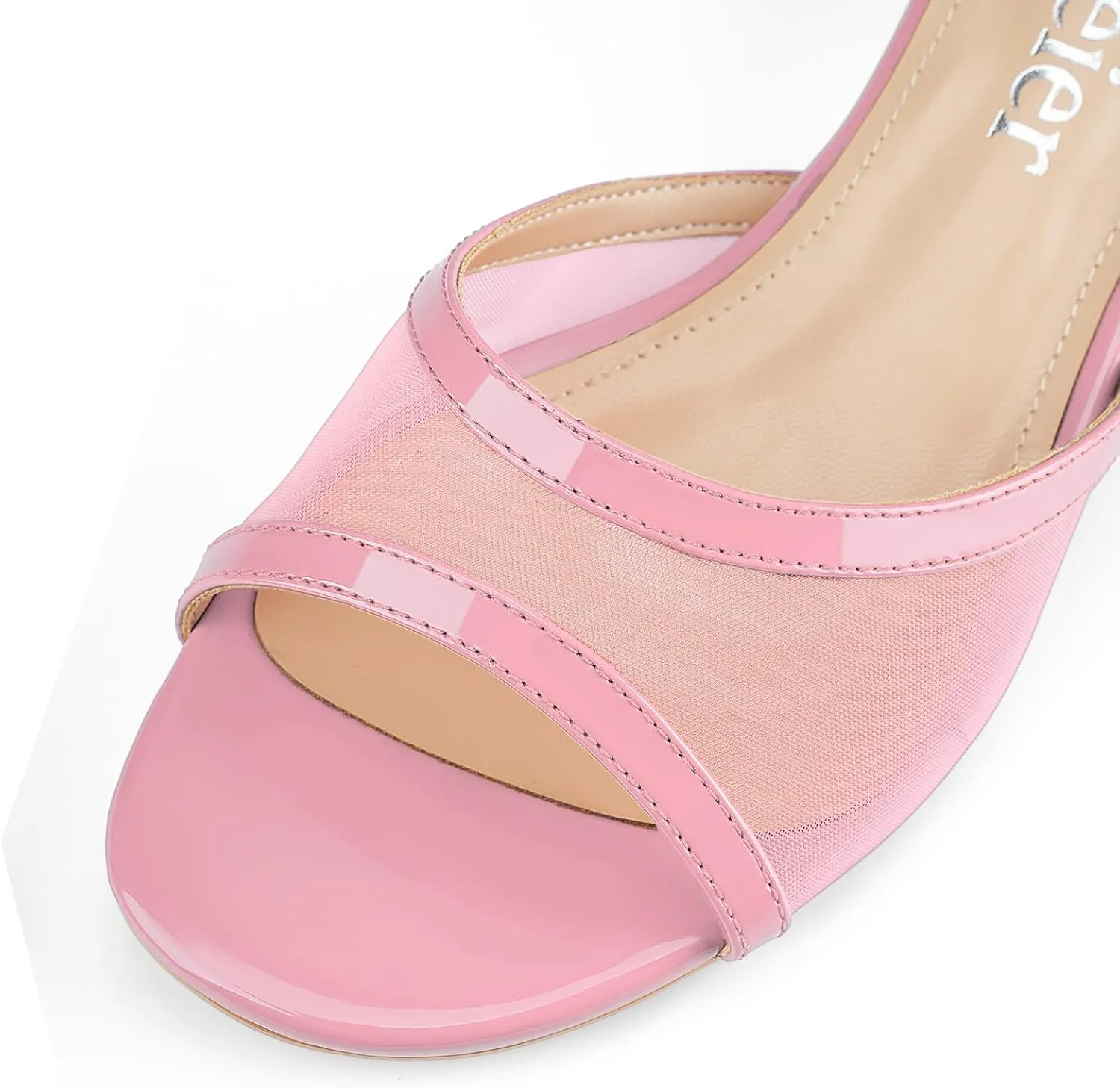 Z.Oufeier Women's Mesh Low Kitten Heeled Slide Sandals Round Open Toe Slip On Mules For Party Dress Wedding